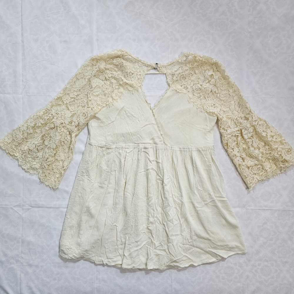 Umgee Womens S Ivory Lace Bell Sleeve Mini Dress V Neck V Back Keyhole